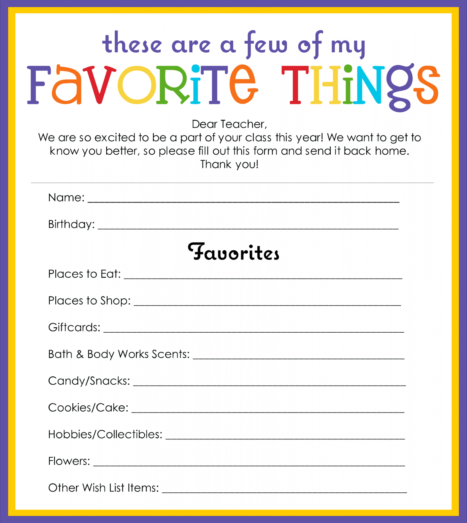 Best My Favorite Things Template Printable - printablee