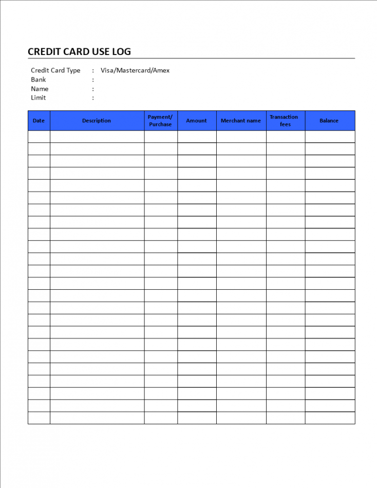 Credit Card Use Log - Credit card usage log  Templates, Credit