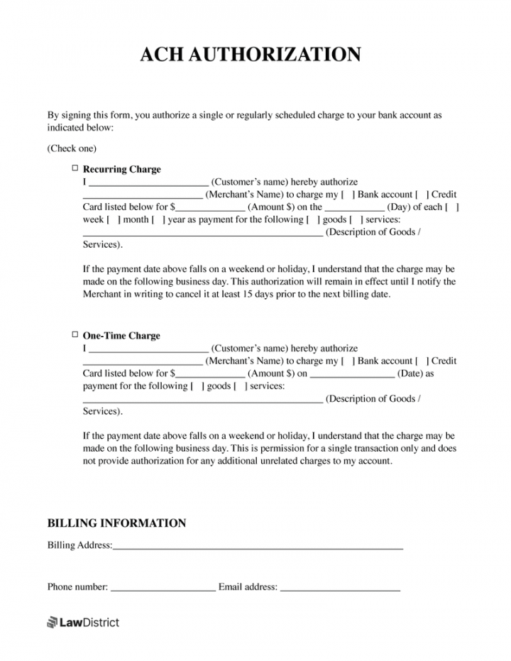 Free ACH Authorization Form  Recurring Template  LawDistrict