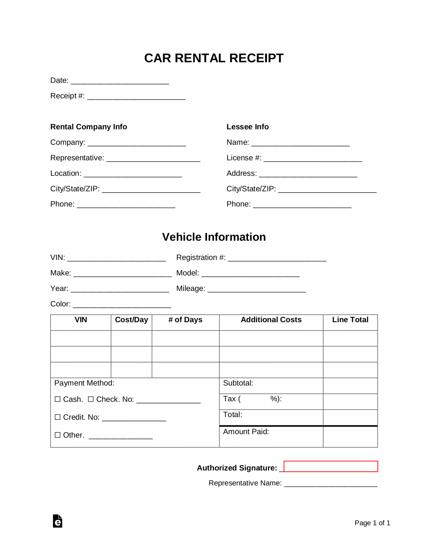 Free Car Rental Receipt Template - PDF  Word – eForms