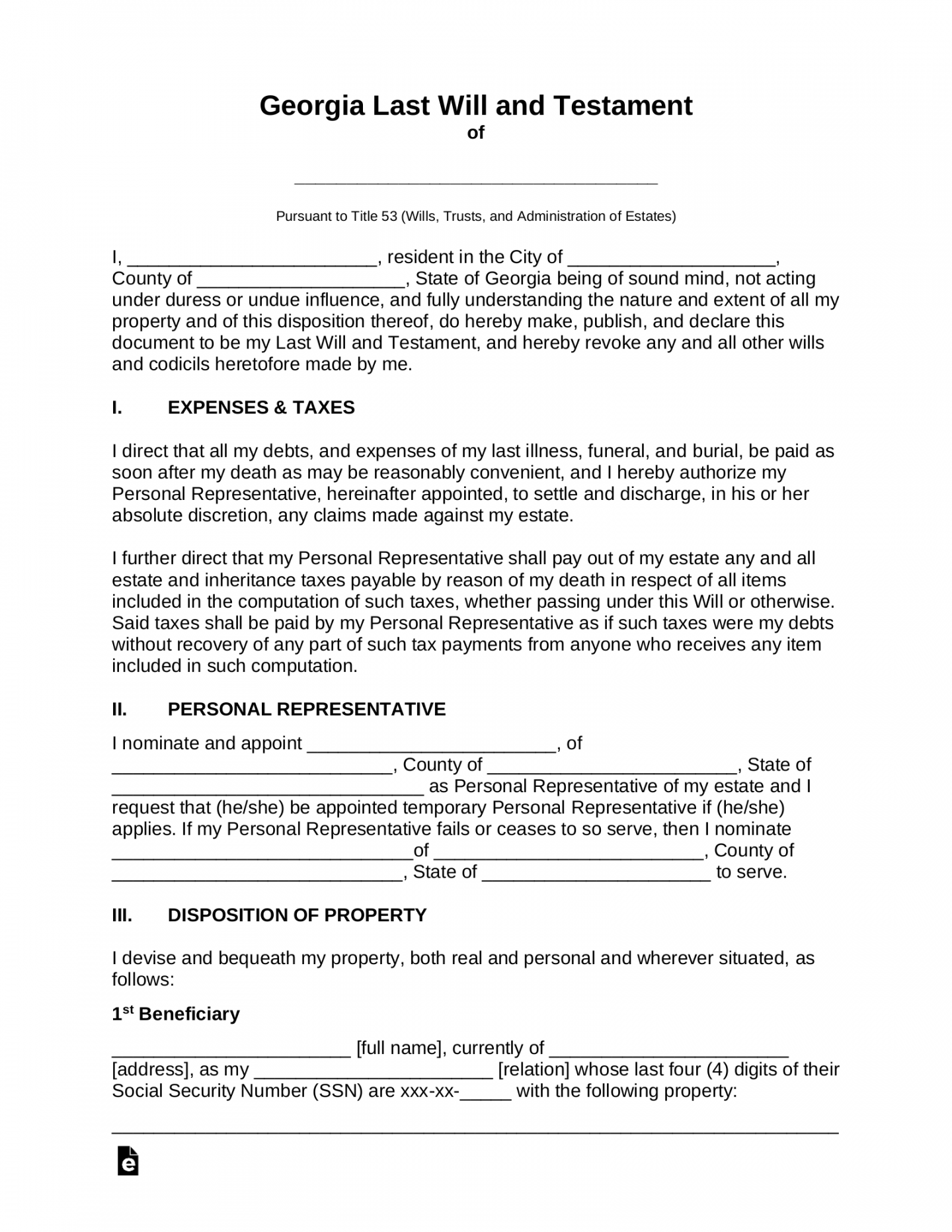 Free Georgia Last Will and Testament Template - PDF  Word – eForms