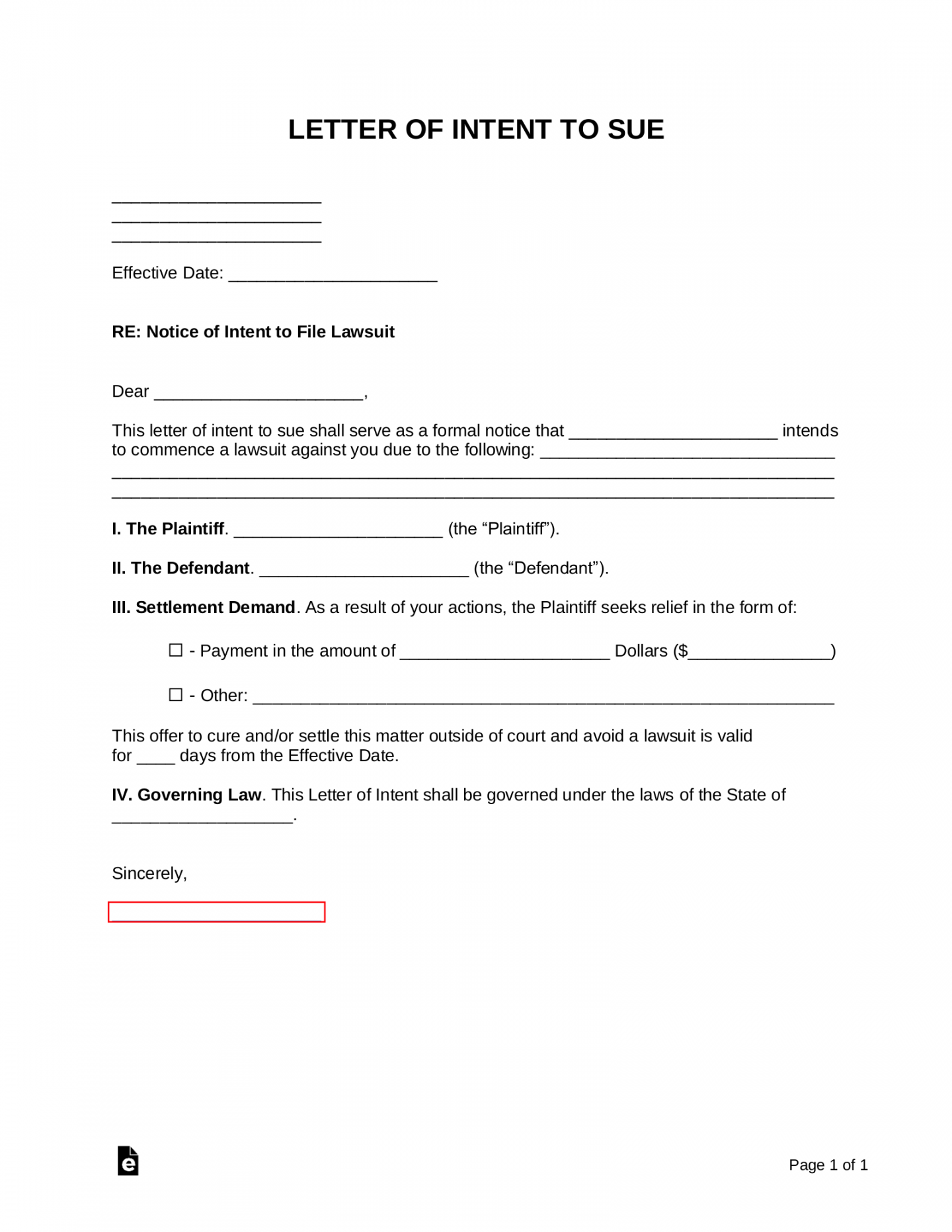 Free Letter of Intent to Sue (with Settlement Demand)  Sample