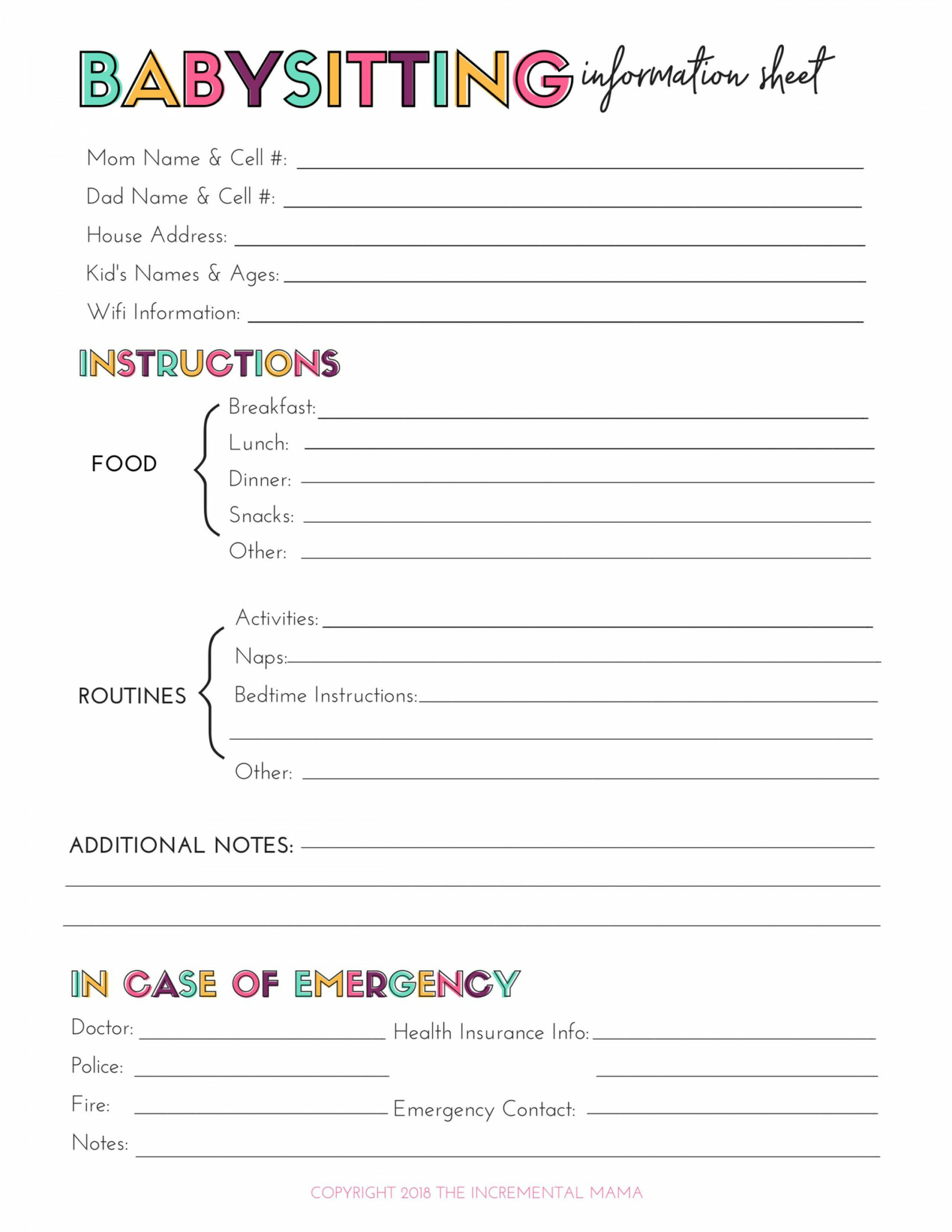 Free Printable Babysitting Information Sheet  Babysitting