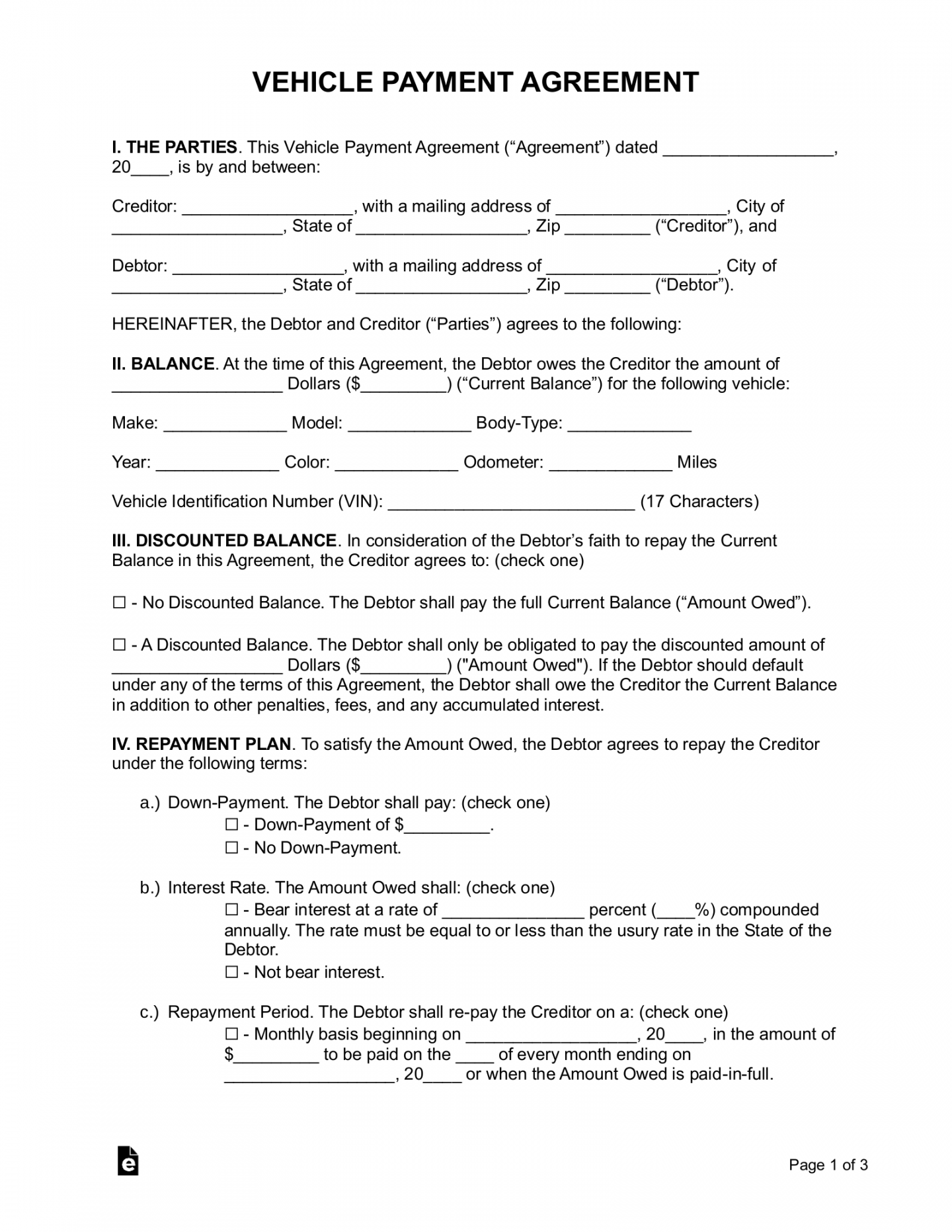 Free Vehicle Payment Plan Agreement - PDF  Word – eForms