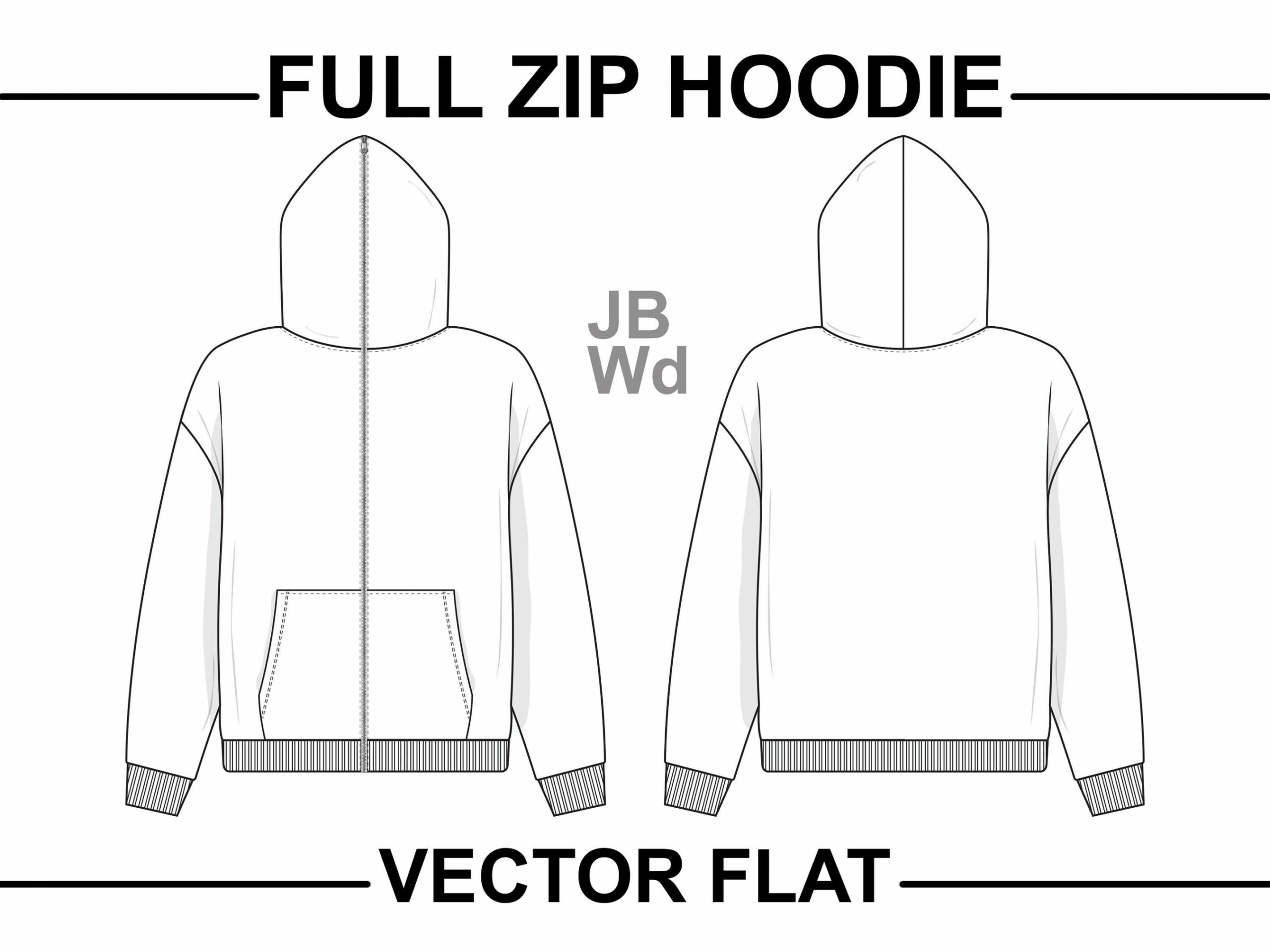 Full Zip Hoodie Sweatshirt Flach Technische Zeichnung Illustration Blank  Streetwear Mock-up Vorlage für Design und Tech Packs CAD