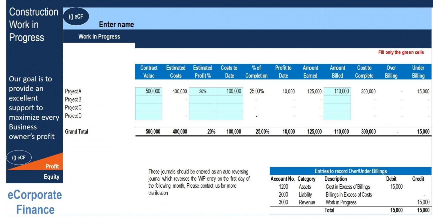 Construction - Work in Progress Excel Template - Templarket