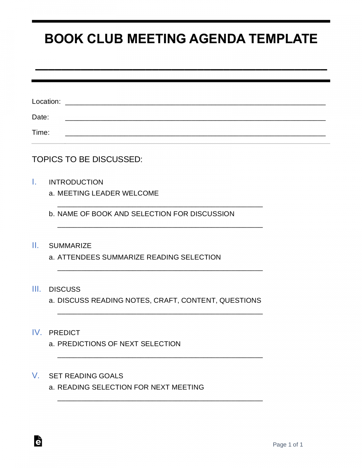 Free Book Club Meeting Agenda Template  Sample - PDF  Word – eForms