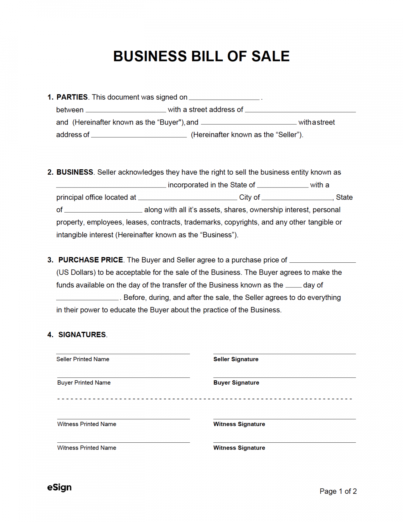 Free Business Bill of Sale Form  PDF  Word