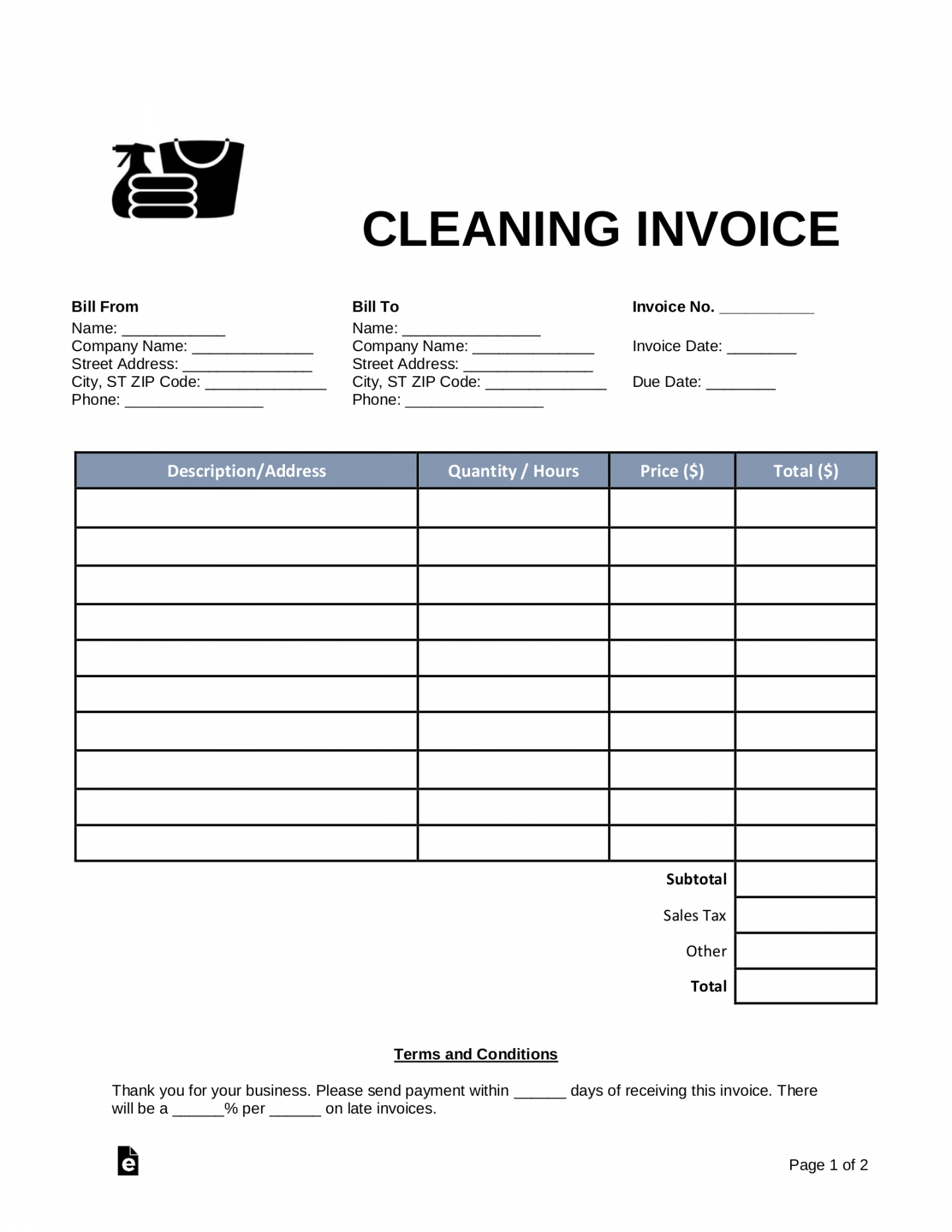 Free Cleaning (Housekeeping) Invoice Template - PDF  Word – eForms