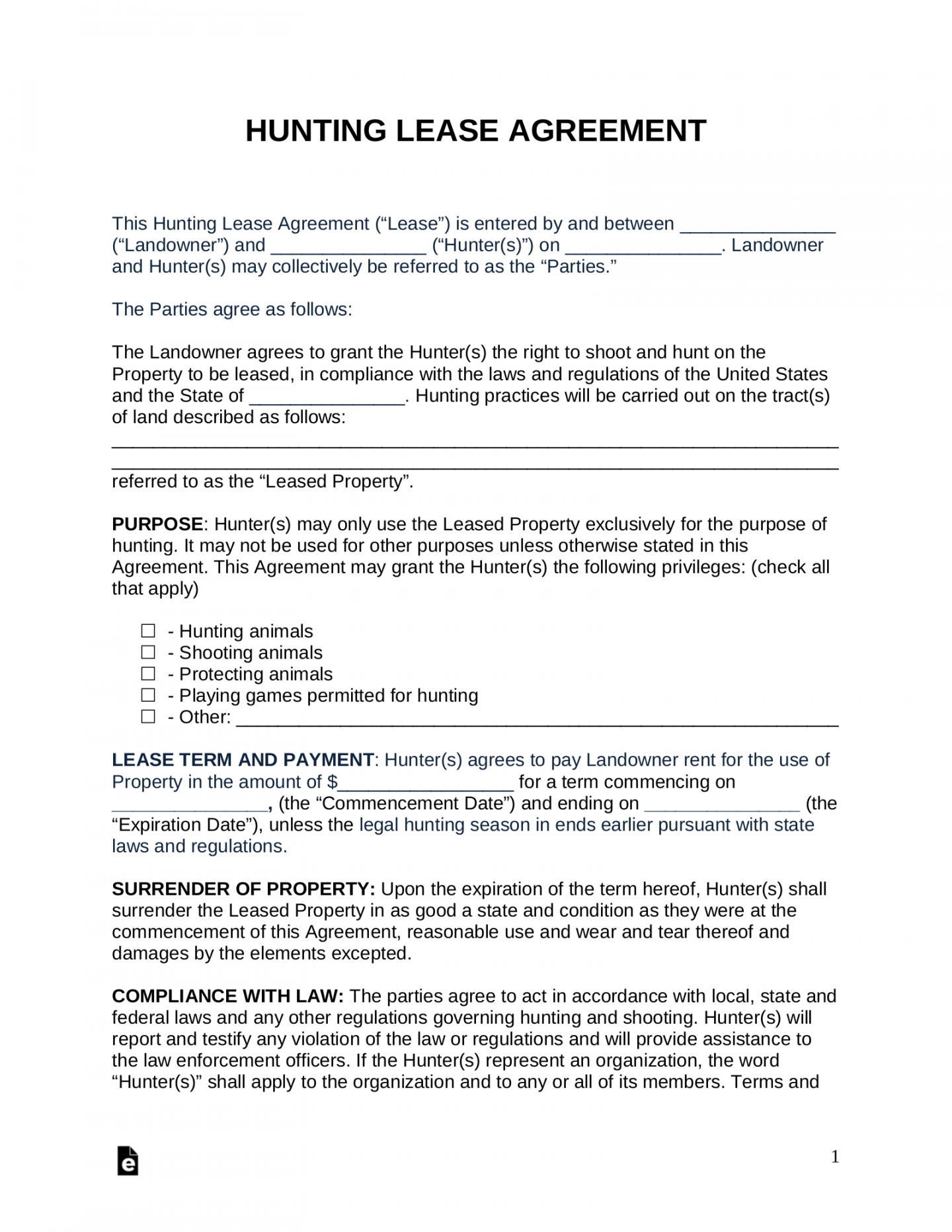 Free Hunting Lease Agreement - PDF  Word – eForms