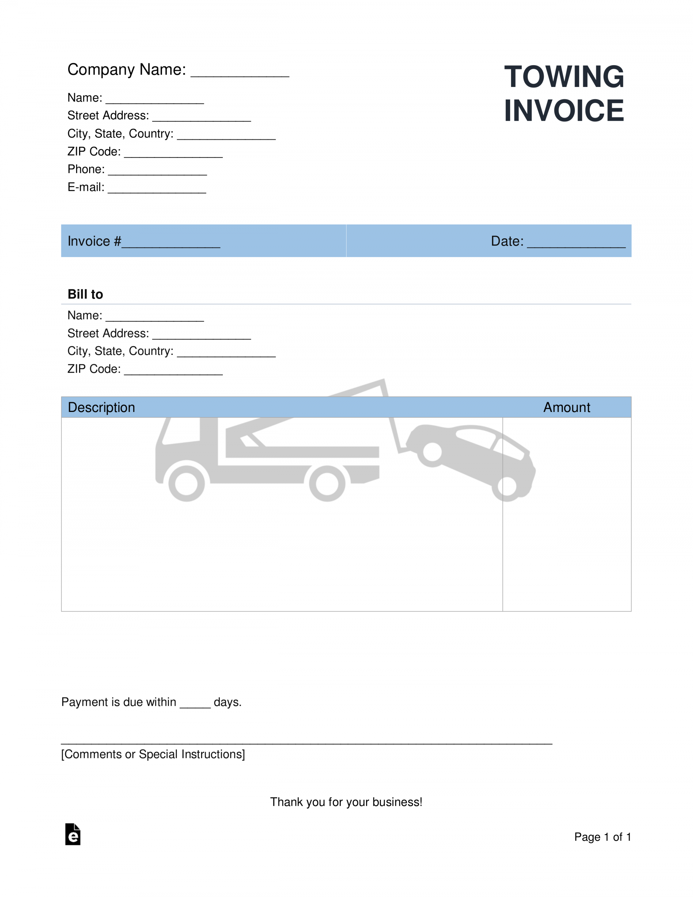 Free Towing Company Invoice Template - PDF  Word – eForms