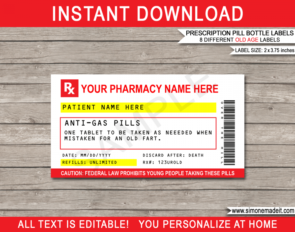 Funny Old Age Prescription Labels Template  Printable Gag