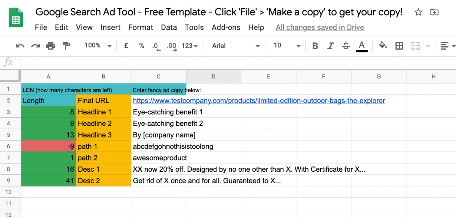 Google Search Ad —Free Google Sheets template  by Gracia Kleijnen