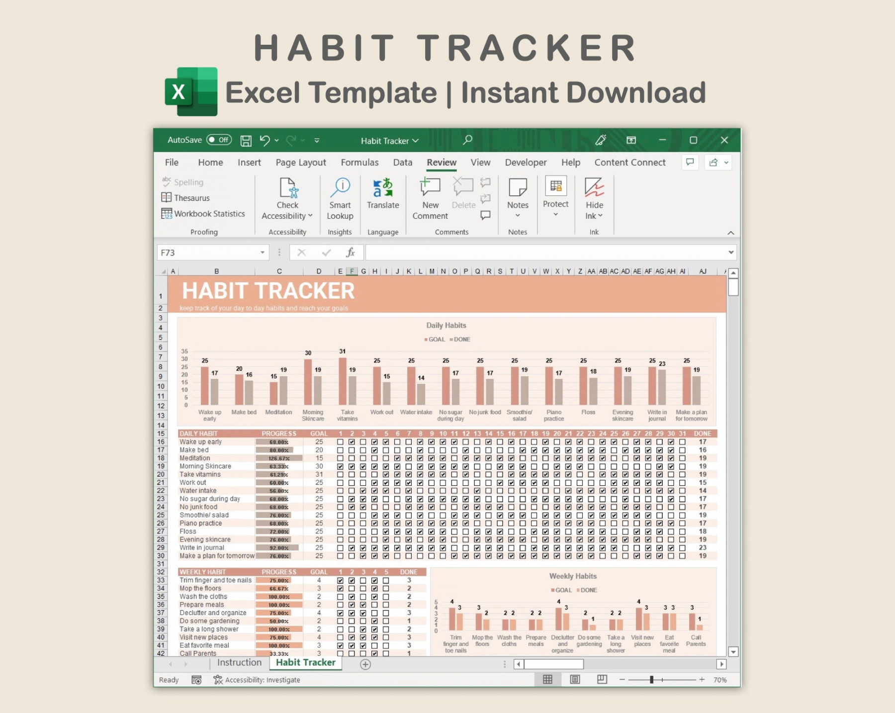 Habit Tracker Excel, Habit Tracker Spreadsheet, Goal Tracker, Excel  Template, Routine Tracker, Neutral Theme