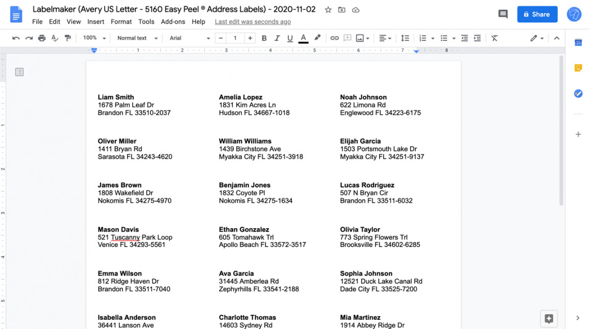 How to print labels for a mailing list in Google Sheets?