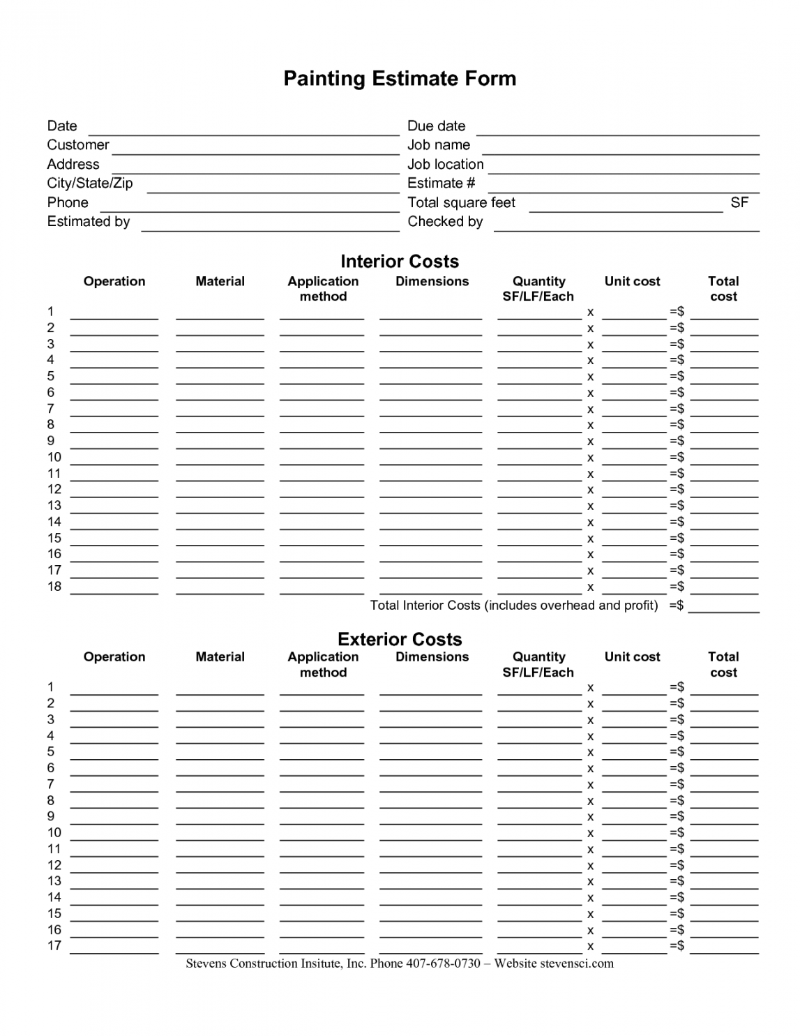 painting estimate forms  Painting Estimate Form  Estimate