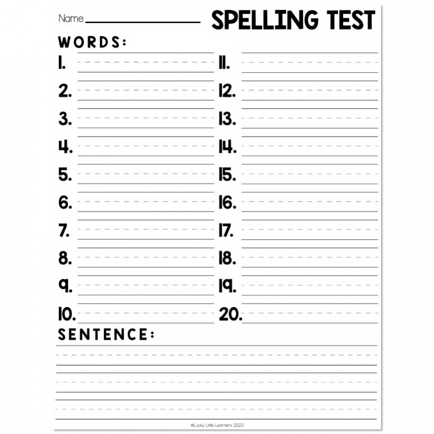 Spelling Test Template -  Words, Sentence Lines