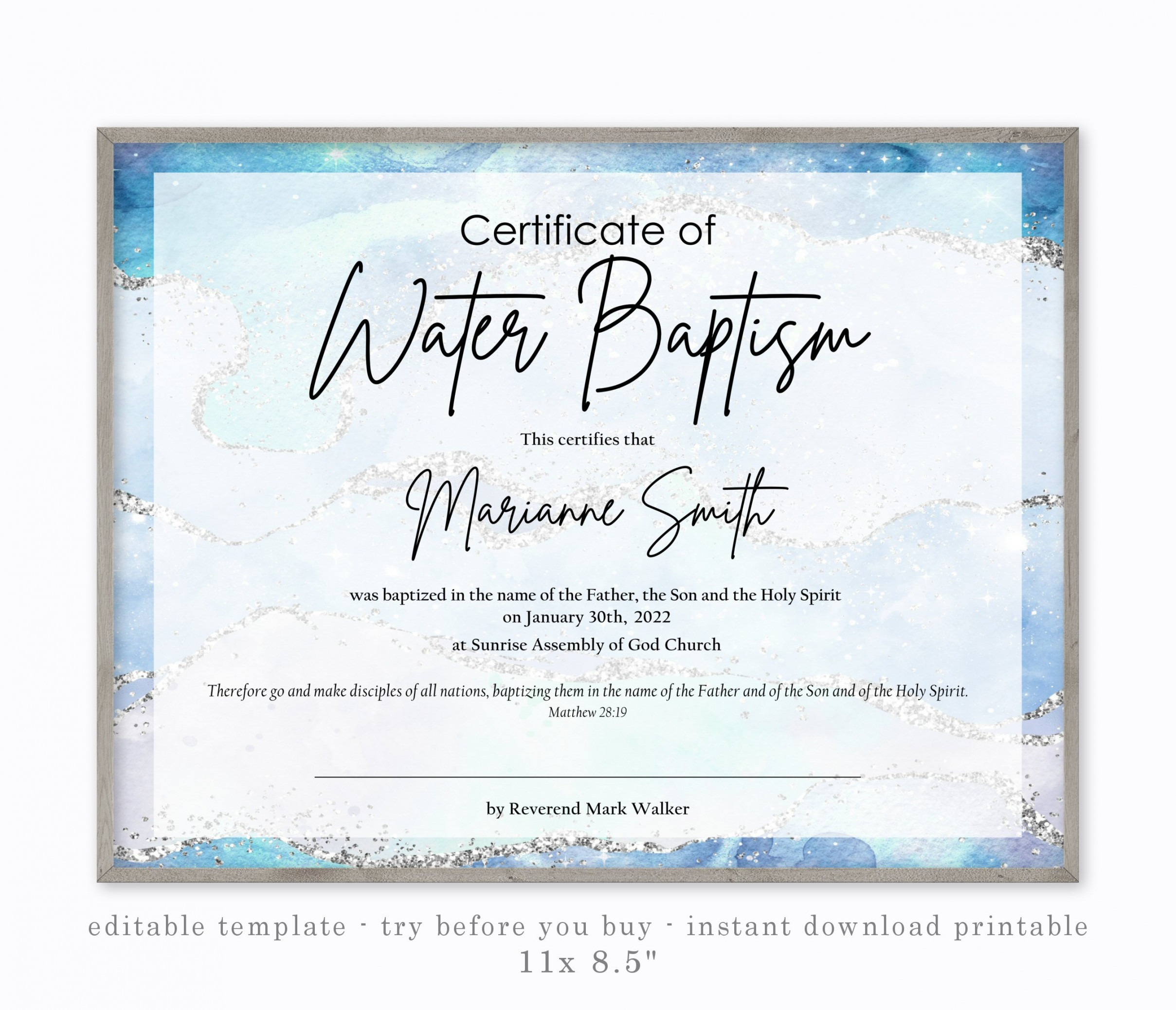 BAPTISM Printable CERTIFICATE Digital Template Water Baptism - Etsy