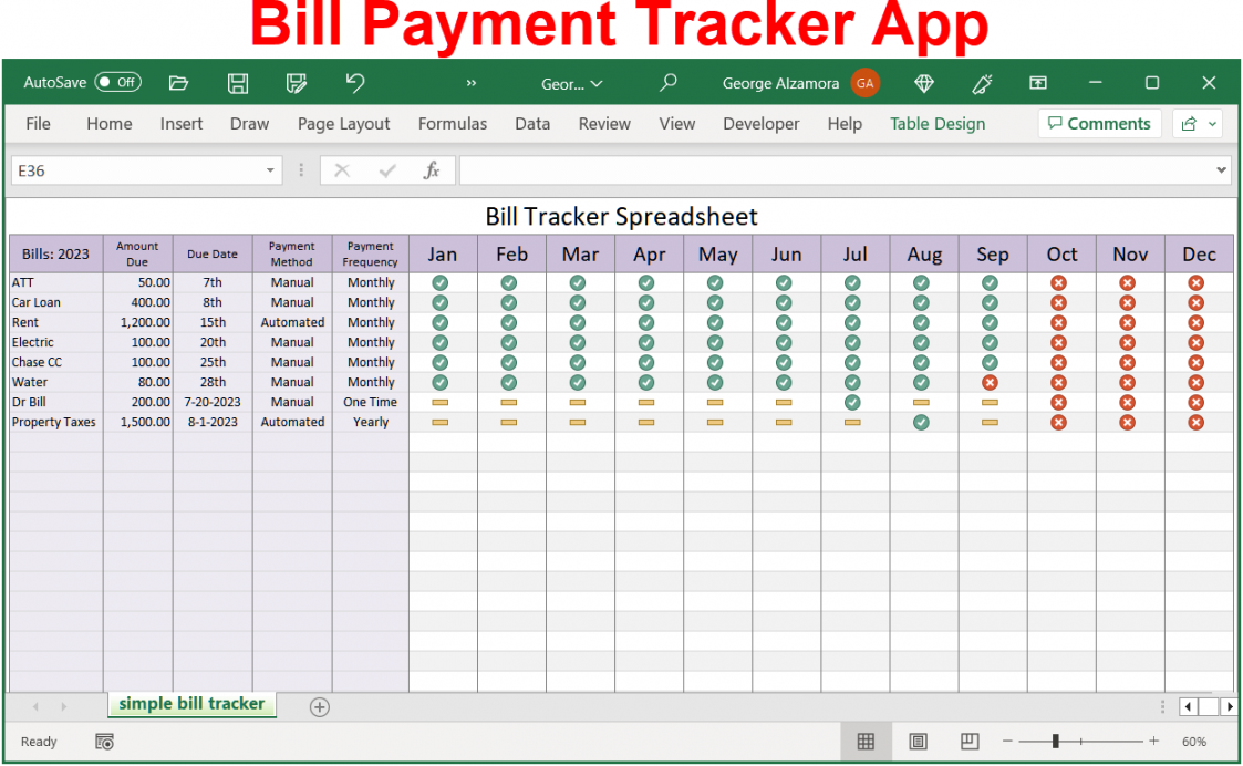 Bill Tracker App  Monthly Payment Planner  Excel Spreadsheet