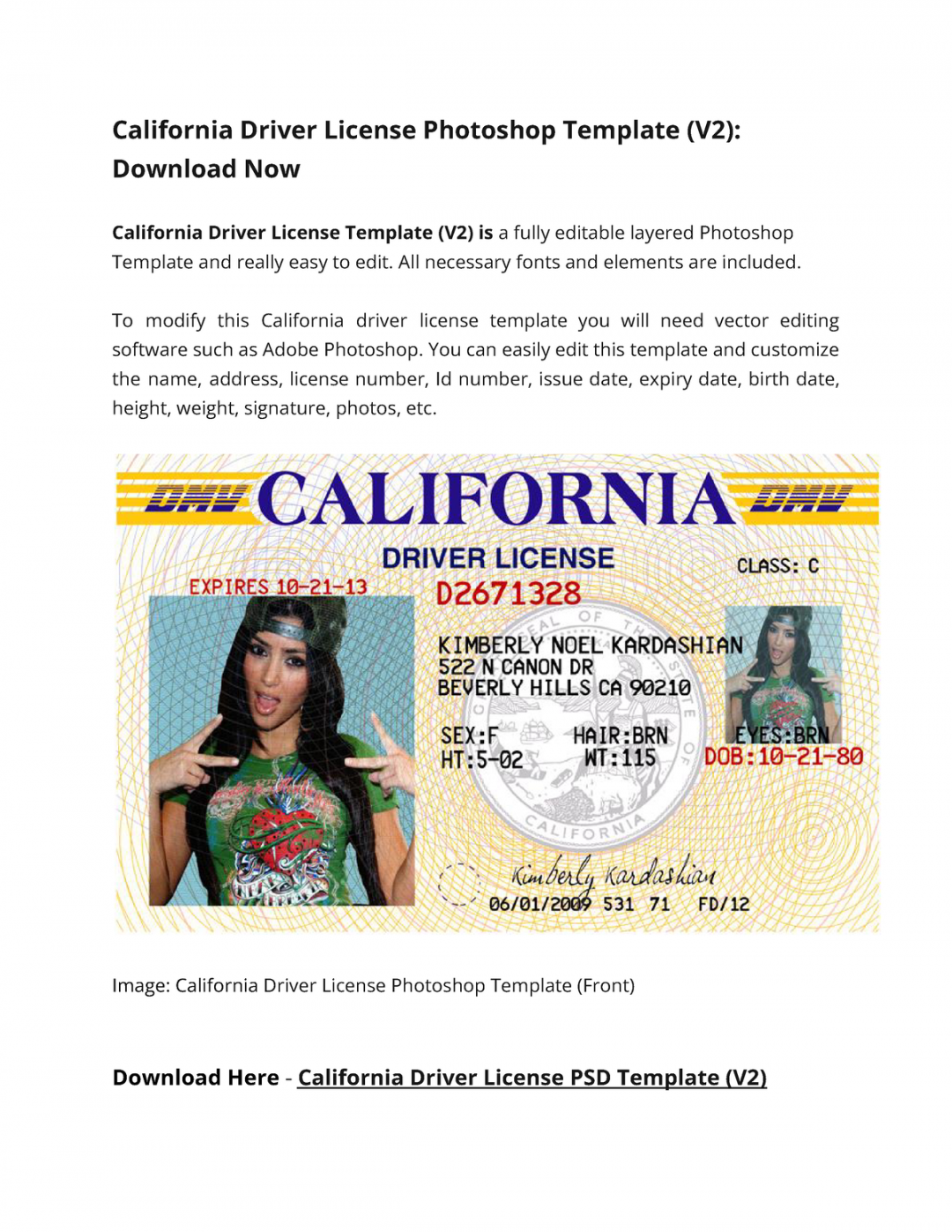 California driver license template (V) - California Driver