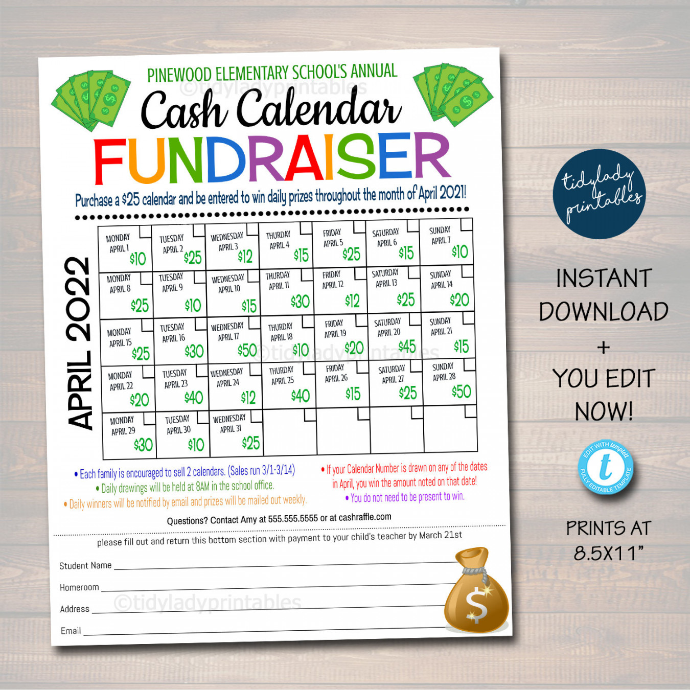 Cash Calendar Fundraiser Flyer Printable Handout Take Home - Etsy