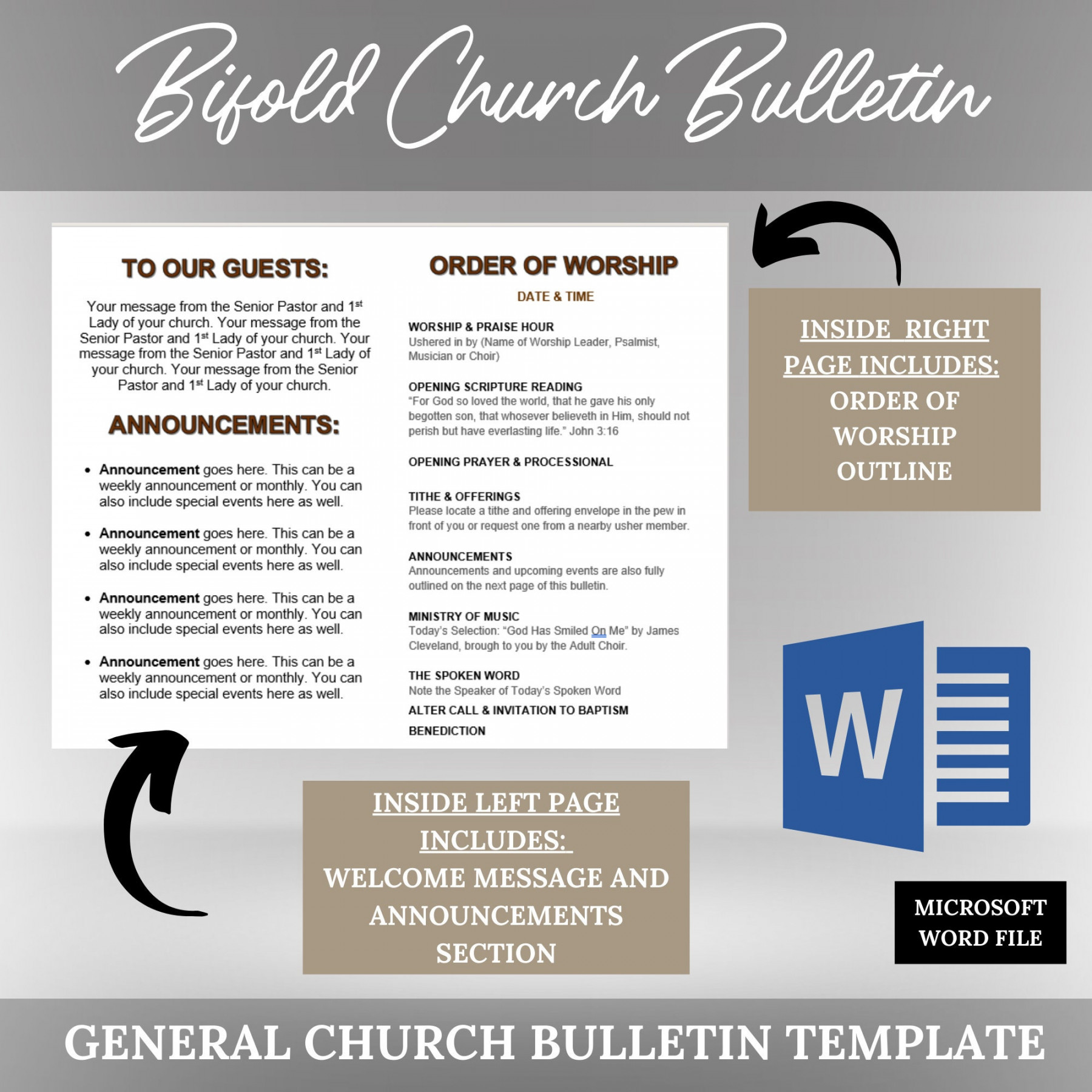 Editable Church Bulletin Template  Pages microsoft Word - Etsy