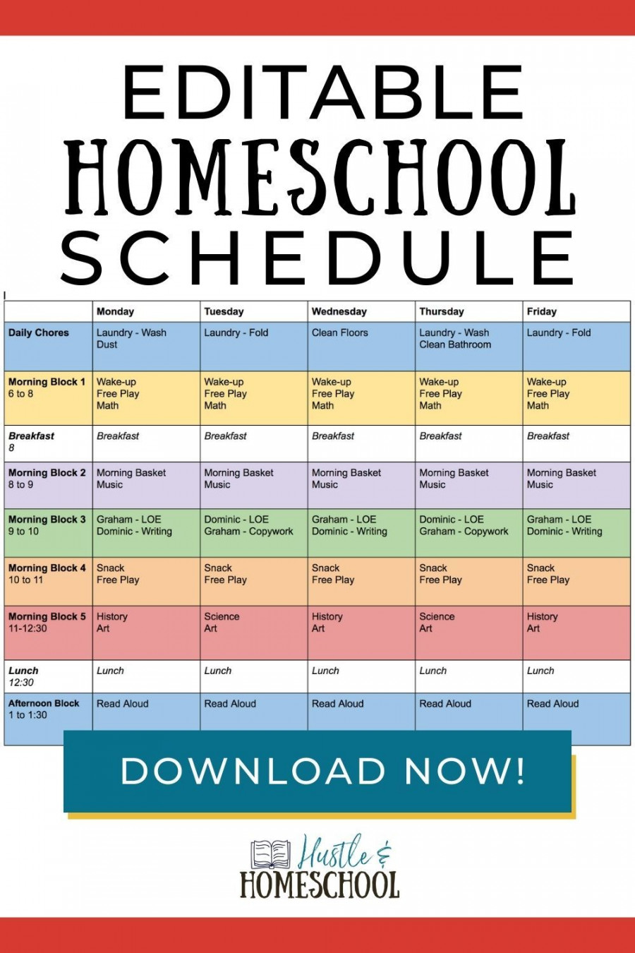 Editable Homeschool Schedule  Free Printable  Homeschool