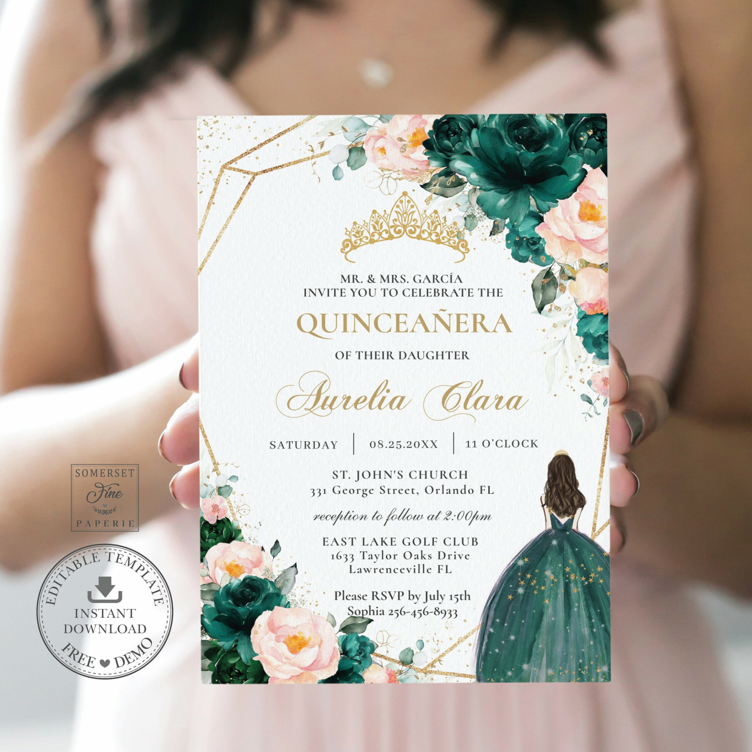 Emerald Green Blush Floral Quinceañera Invitation INSTANT - Etsy