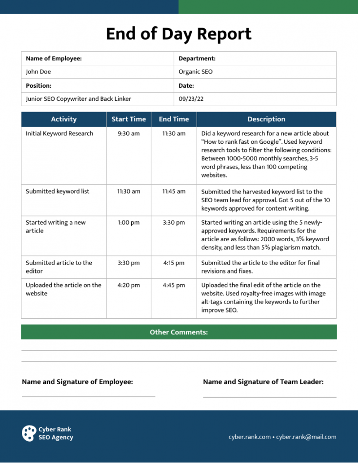 End of Day Report Template - Venngage