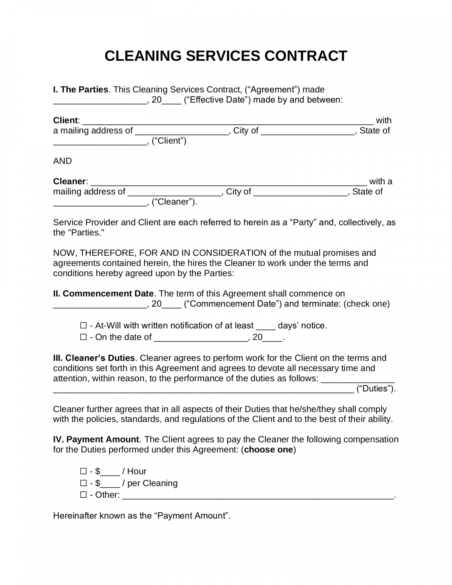 Free Cleaning Service Contract Template - PDF  Word – eForms