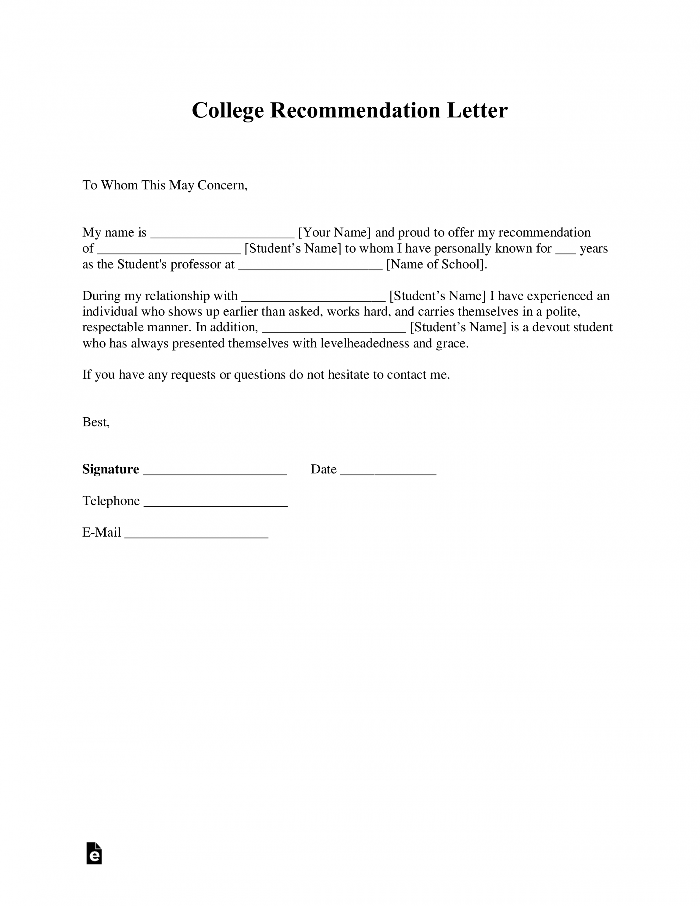 Free College Recommendation Letter Template - with Samples - PDF