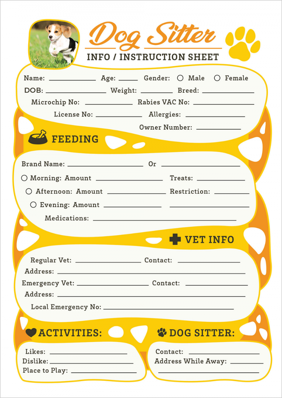 Free Dog Sitter Instruction / Information Sheet Design Template