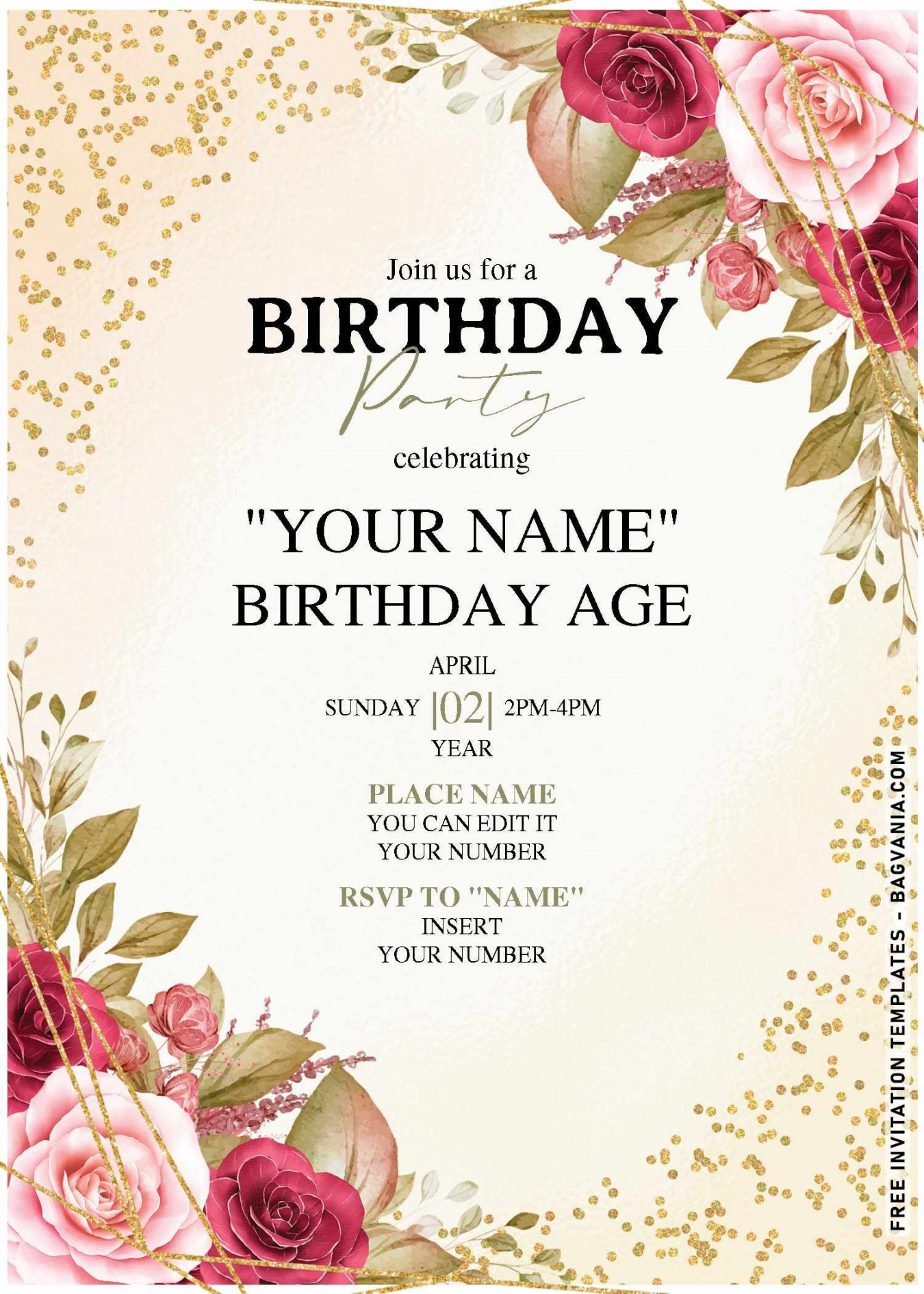 Free Editable PDF) Champagne Gold Glitter Floral Birthday Inv