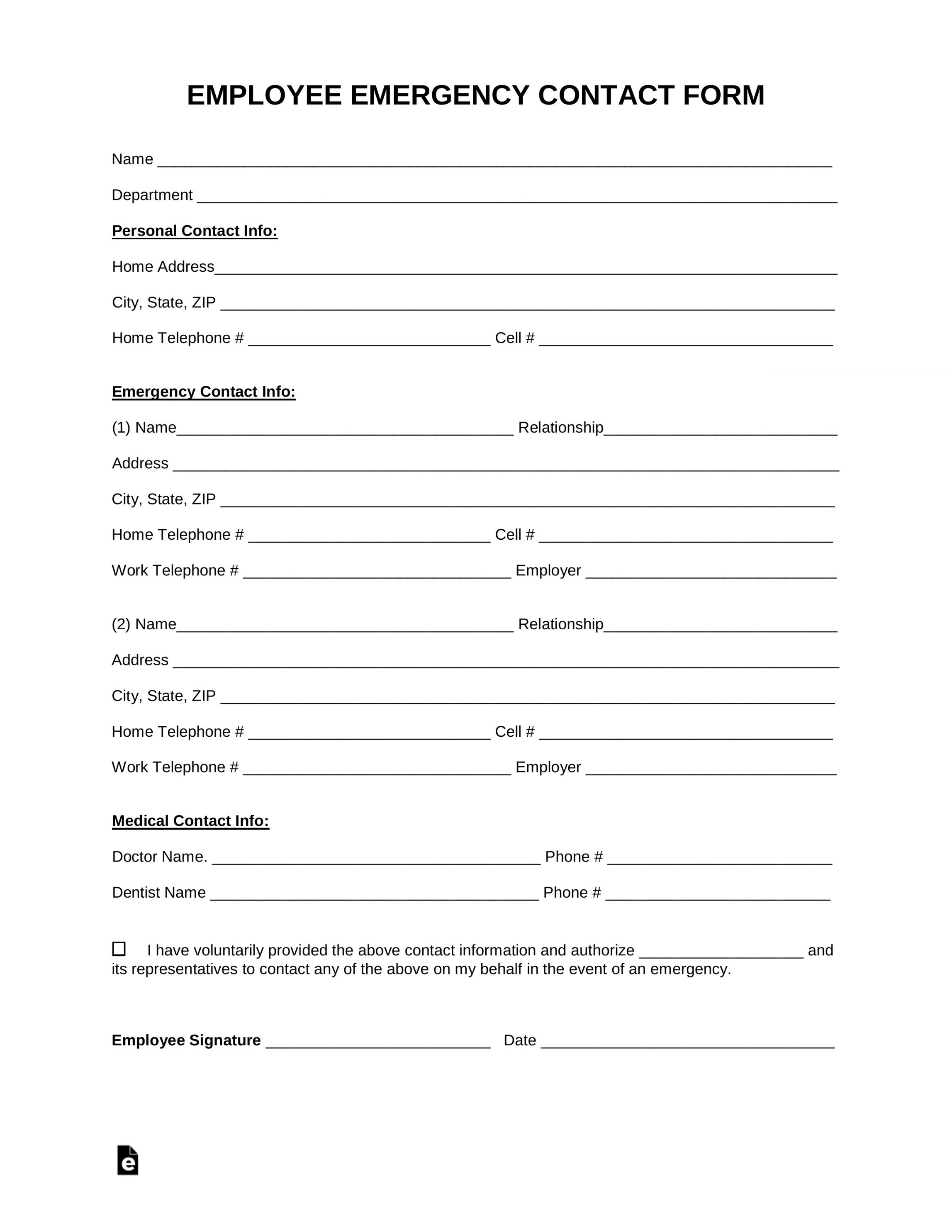 Free Employee Emergency Contact Form - PDF  Word – eForms