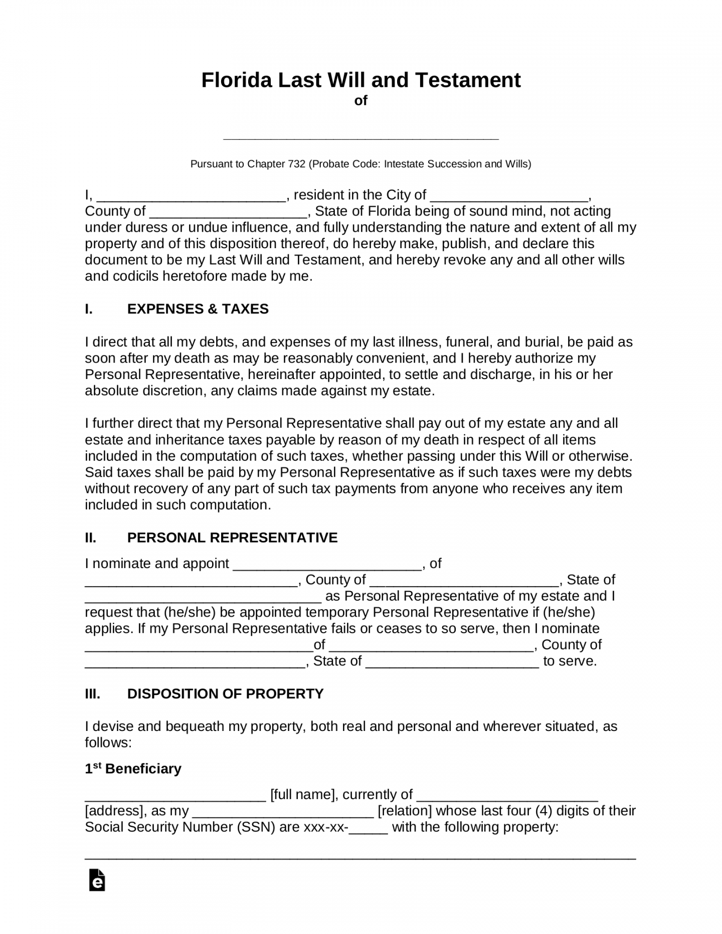 Free Florida Last Will and Testament Template - PDF  Word – eForms