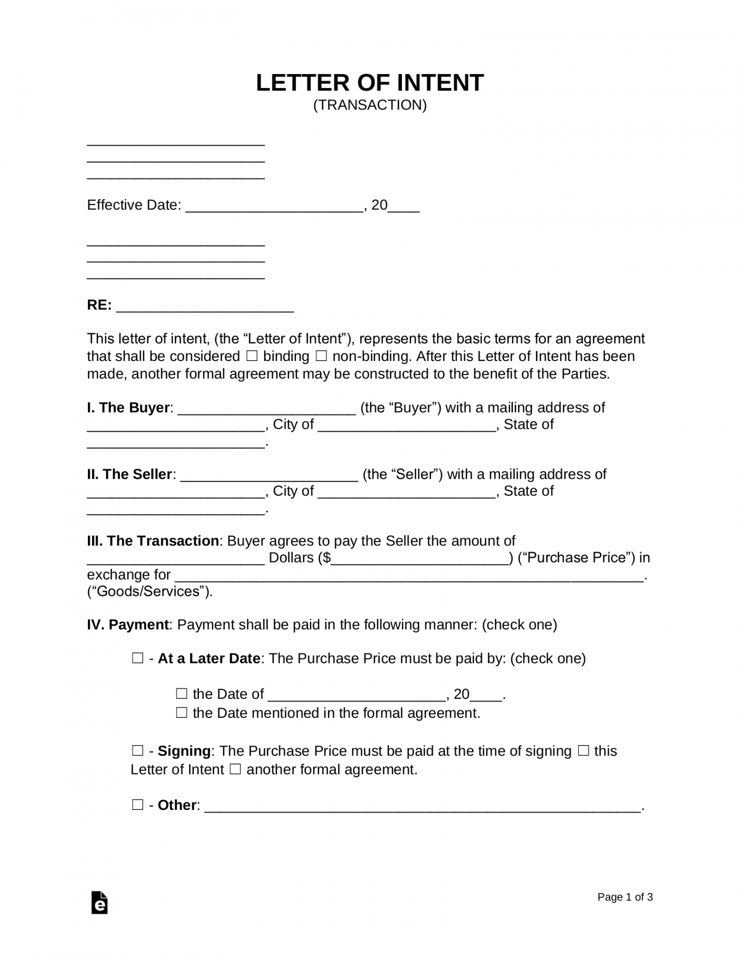 Free Letter of Intent (LOI) Templates () - PDF  Word – eForms