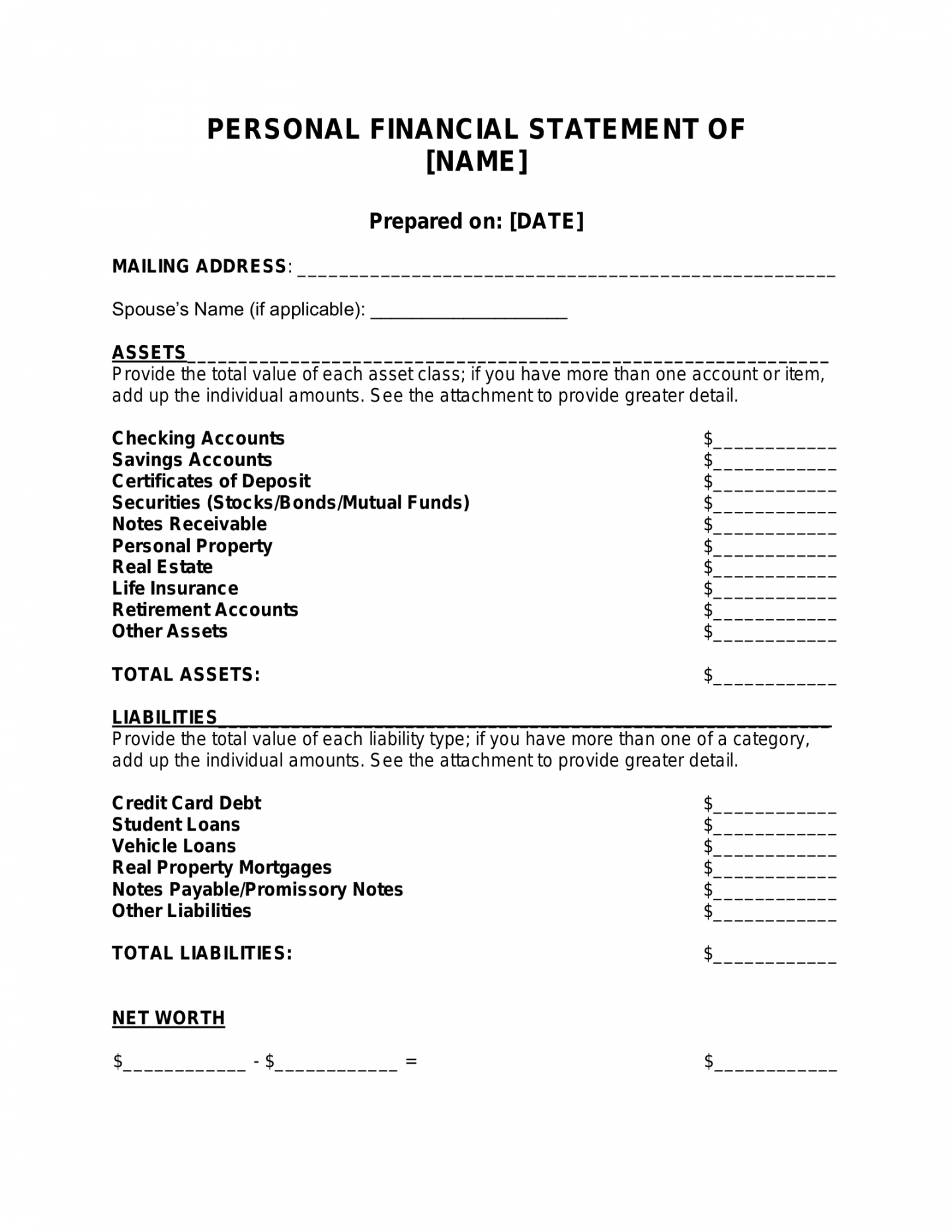 Free Personal Financial Statement Template - PDF  Word – eForms