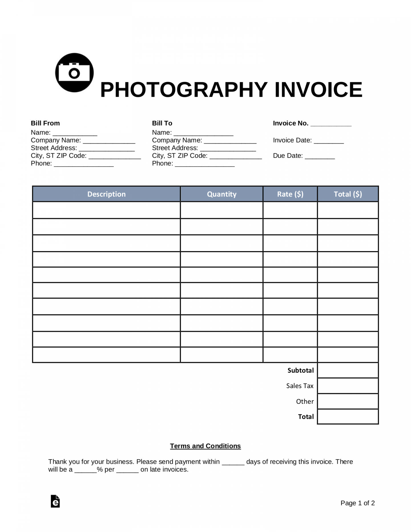 Free Photography Invoice Template - PDF  Word – eForms