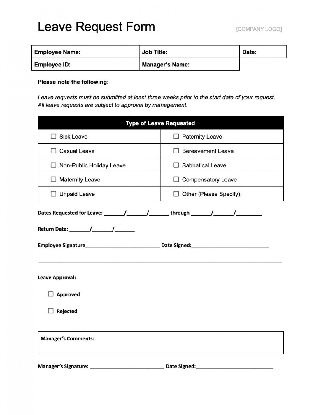 Free Time Off Request Form Templates