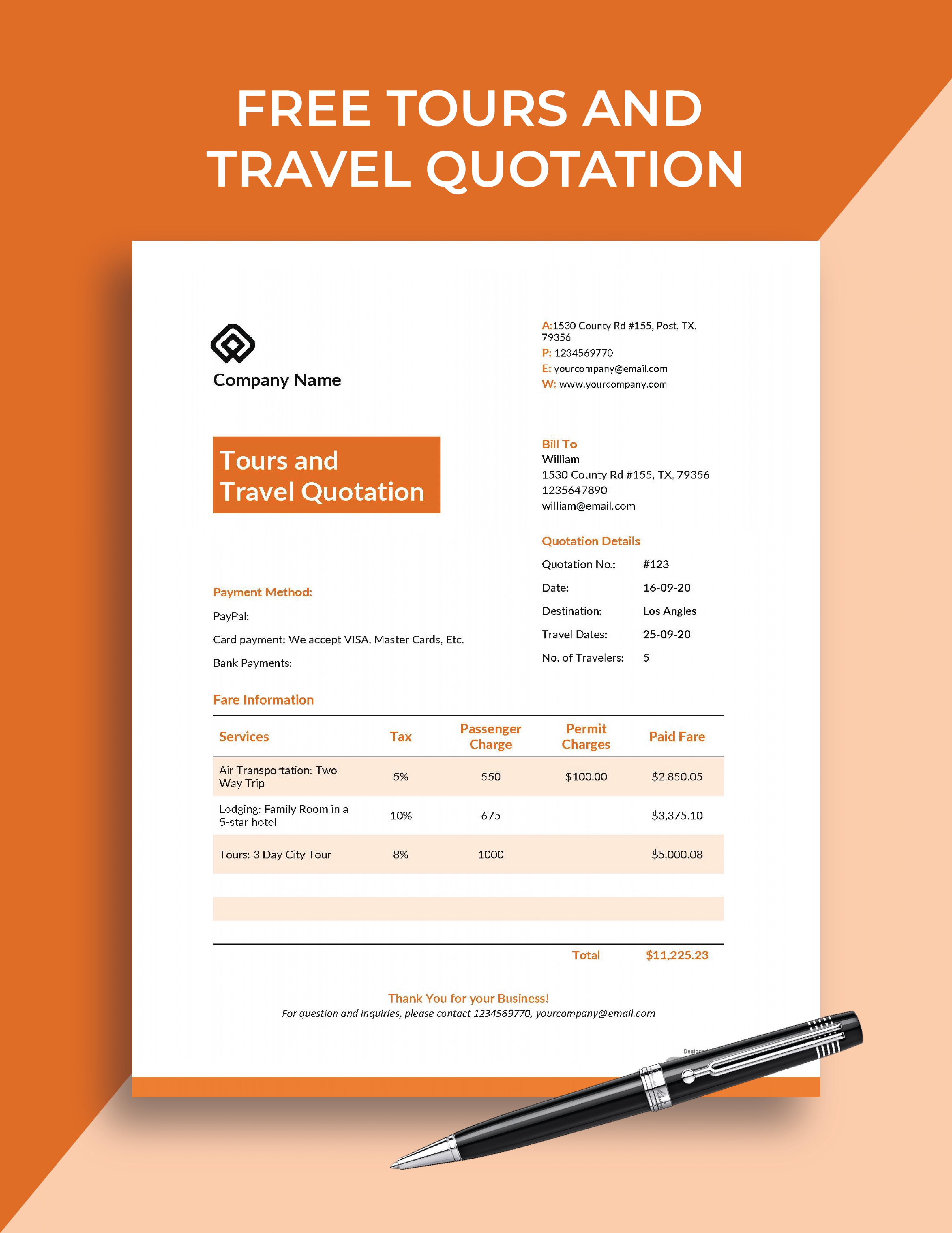 Free Tours and Travel Quotation Template - Download in Word