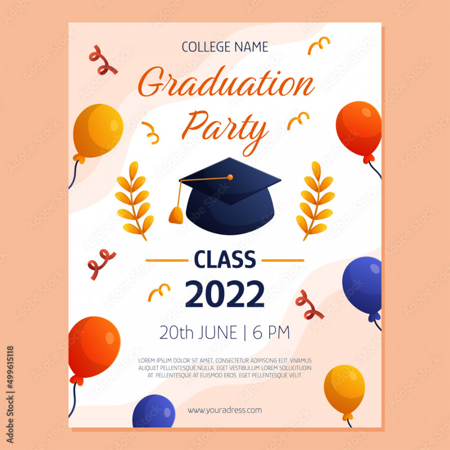 Graduation party poster invitation with cap, ballons, branches