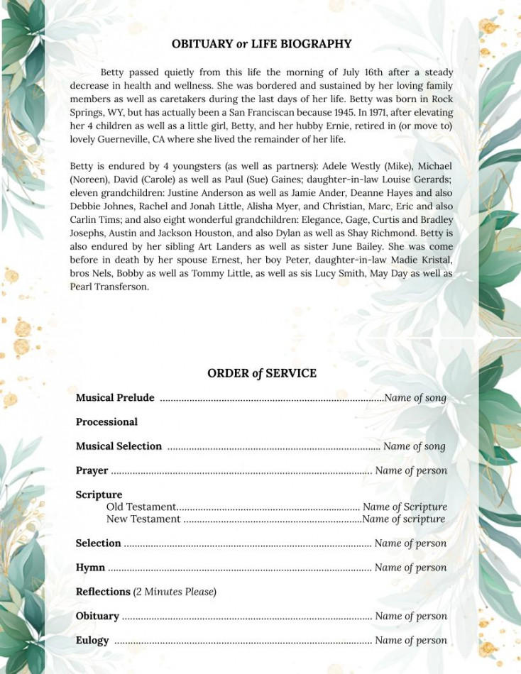 Green Leaf Greeting Card Style Funeral Program Template (Google