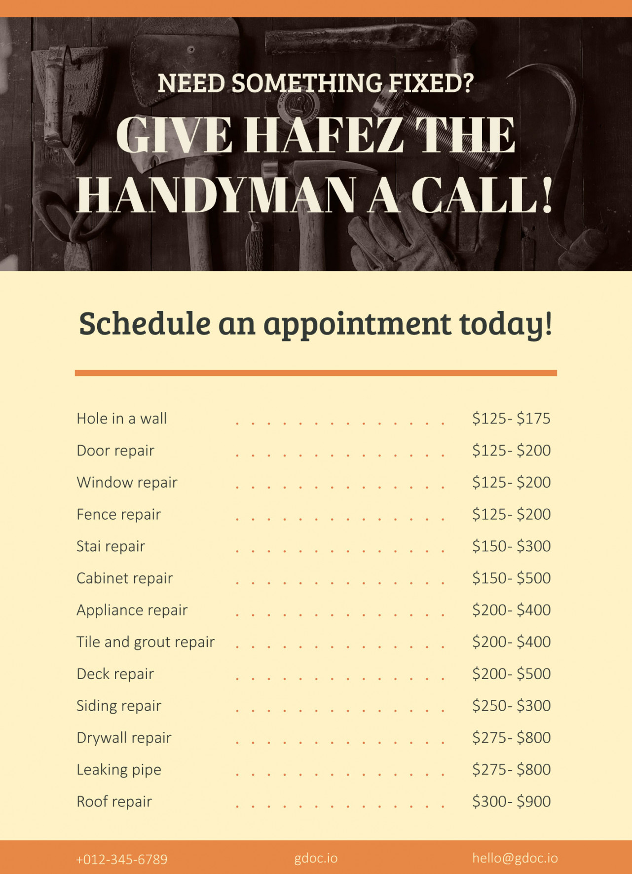 Handyman Price List Free Google Docs Template - gdoc