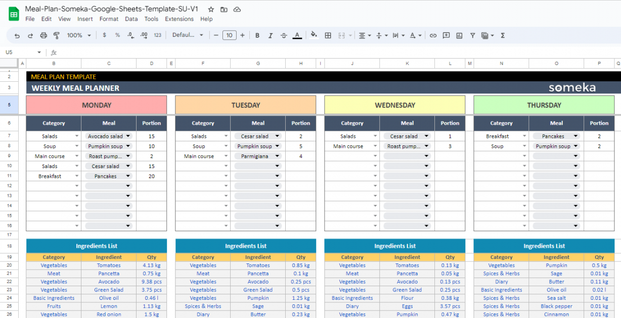 Meal Plan Template Google Sheets With Grocery List