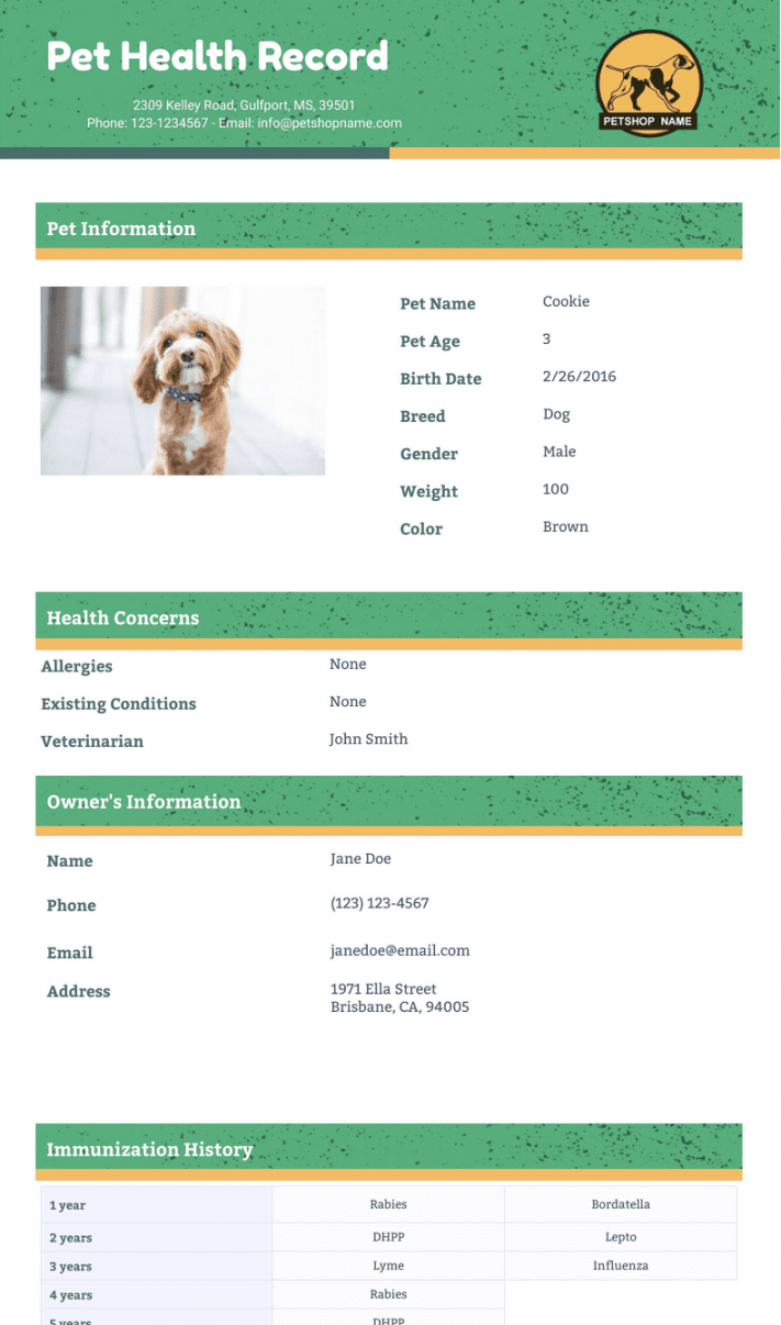 Pet Health Record Template - PDF Templates  Jotform