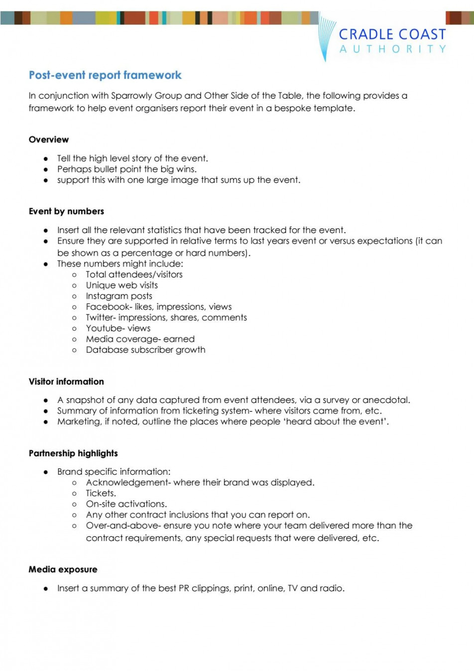 Post-event report framework - Toolkit by Cradle Coast Authority