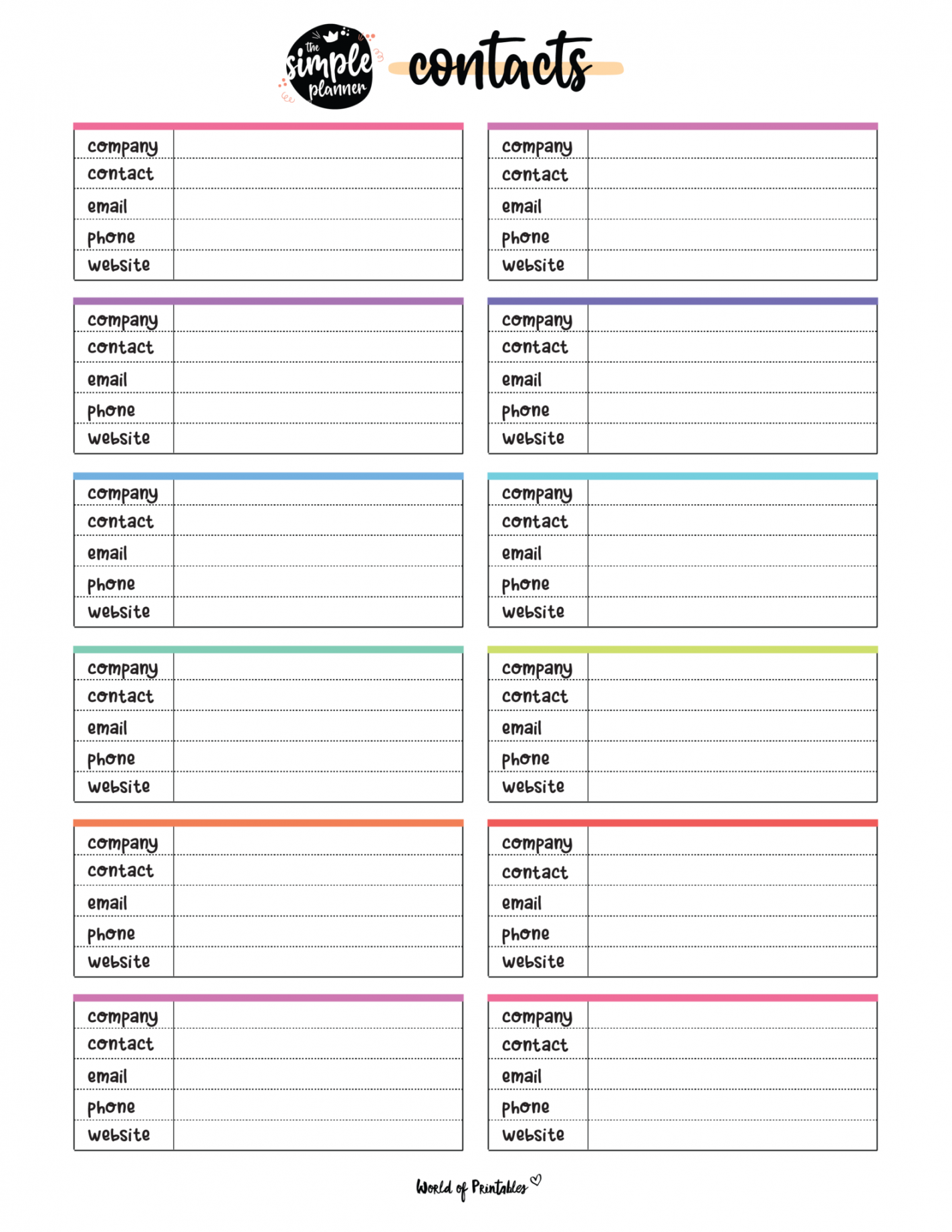 Printable Cute Contact List Template  List template, Planner