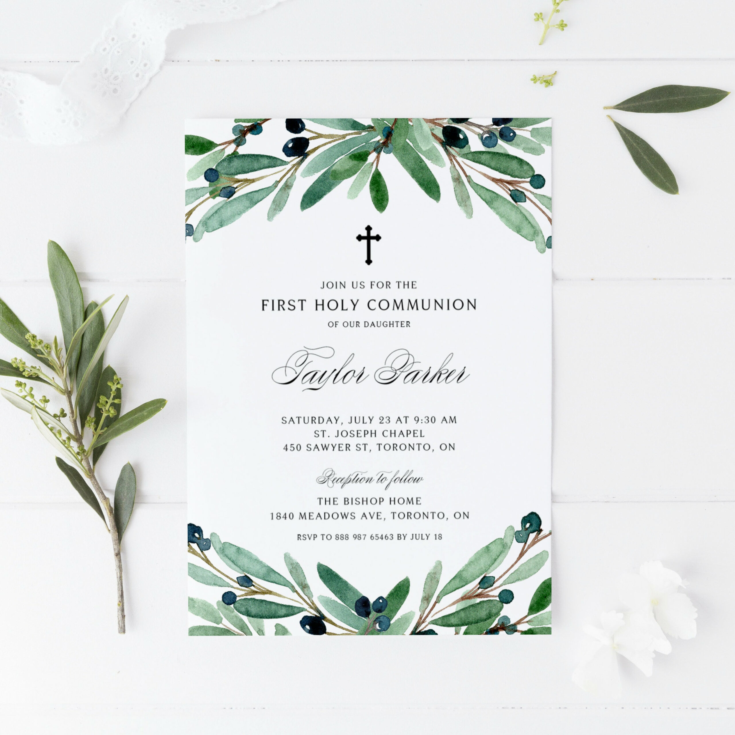 Printable Greenery First Holy Communion Invitation Template - Etsy