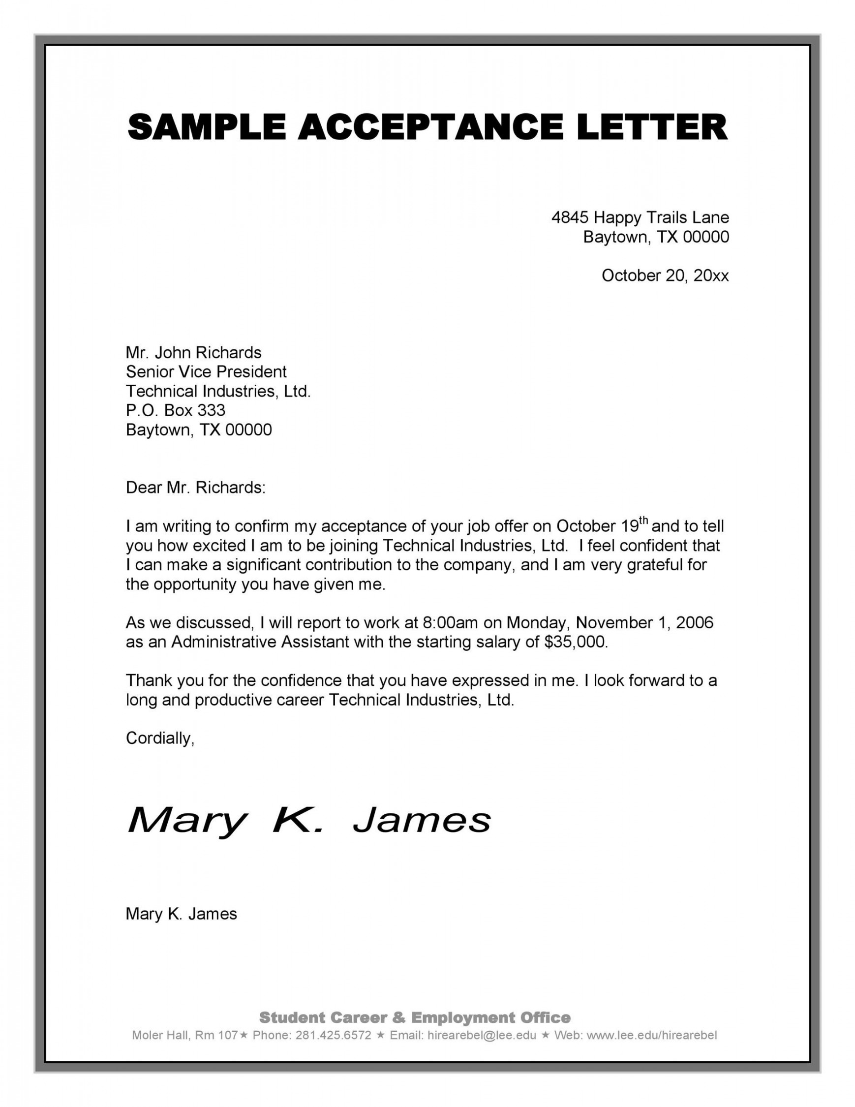 Professional Job Offer Acceptance Letter & Email Templates ᐅ