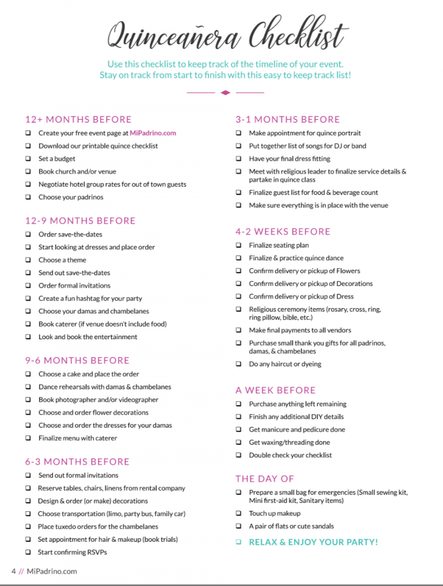 Quinceanera Checklist  Quinceanera checklist, Quinceanera